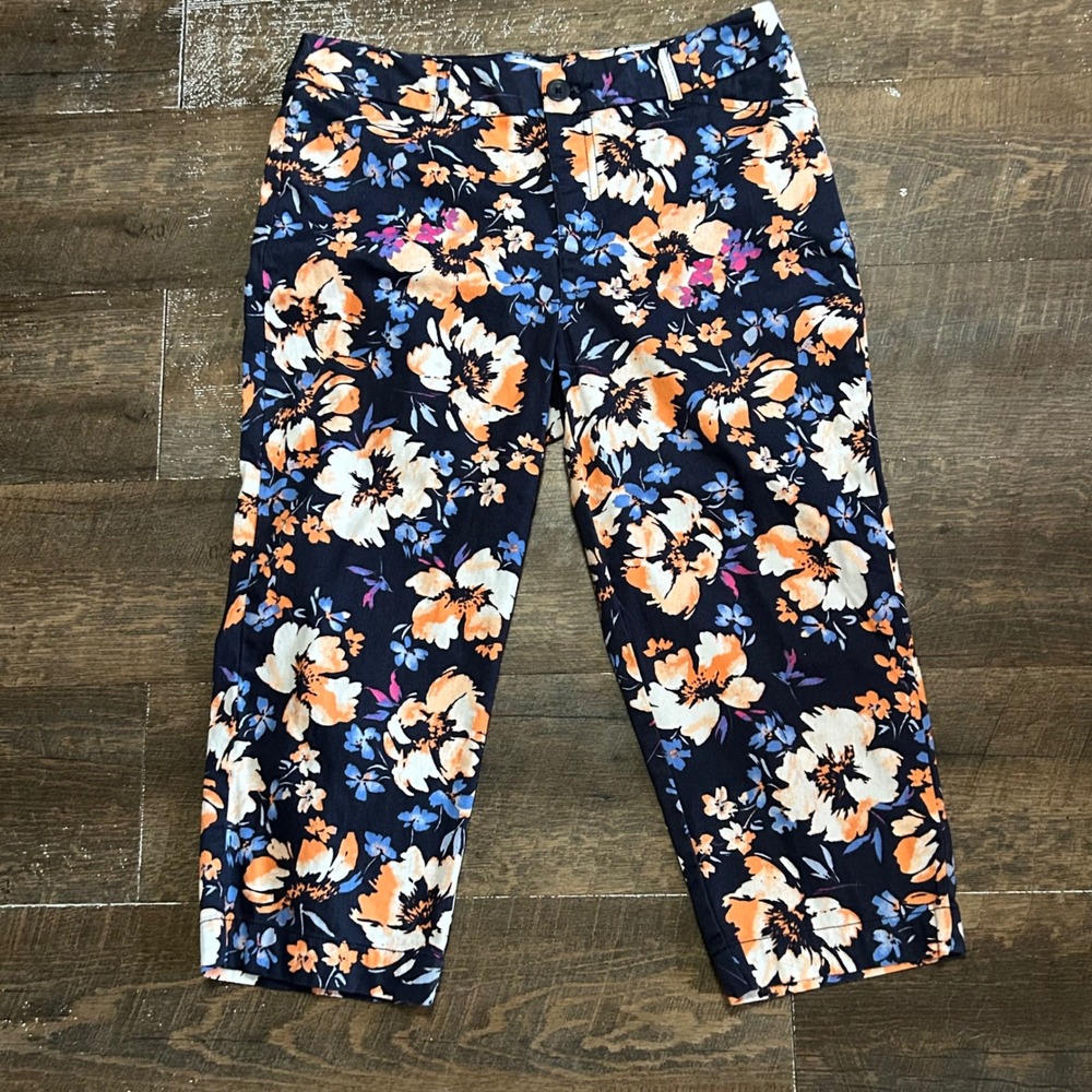 St Johns Bay Floral Crop Pants Navy Blue Orange Womens Size 6 Mid Rise Stretch